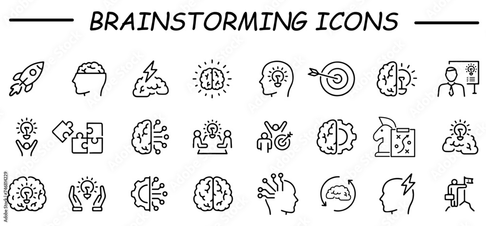 Brainstorming Line Icons Set. Brain, Creativity, Novel Idea. Brainstorming Line Icons Set. Brain, Creativity, Novel Idea.