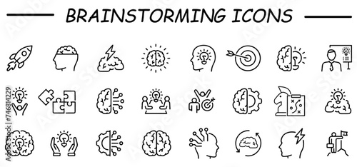 Brainstorming Line Icons Set. Brain, Creativity, Novel Idea. 