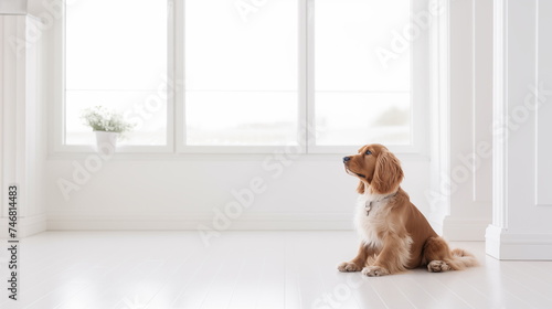 Dog sitting near panoramic window in bright white living room of new apartment. Friendship with pet and house renovation concept