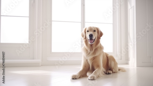 Dog sitting near panoramic window in bright white living room of new apartment. Friendship with pet and house renovation concept