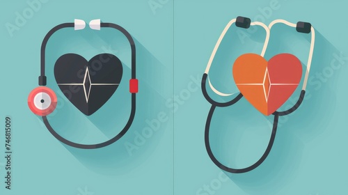 Vector illustration featuring flat icons of a stethoscope and a heartbeat, commonly used in medicine, healthcare, and medical contexts. Can be used for decoration in flyers, posters and web banners © Orxan