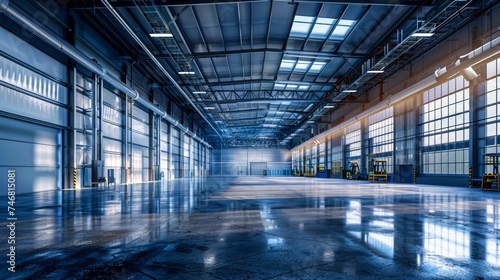 A stunning warehouse with ample natural light streaming in through the expansive windows, illuminating the spacious floor and reflecting off the sleek architecture of the ceiling