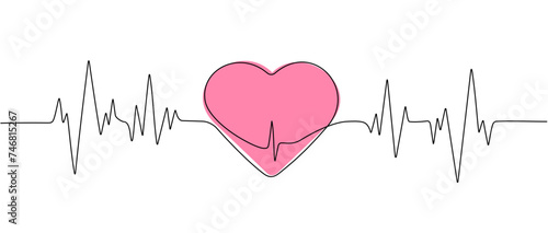 Continuous single line drawing pink heart pulse icon. Heartbeat Logo , Cardiogram. One line heartbeat graph. Vector graphic illustration.