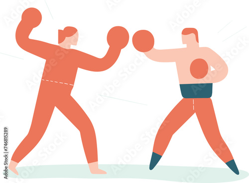 Two men in a boxing match with one wearing red and the other in blue. Boxers showing competitive fighting sports stance. Athletic event and competitive spirit vector illustration.
