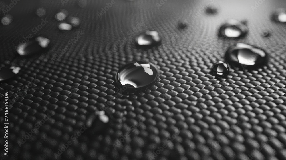 3D illustration of water droplets on a carbon fabric surface