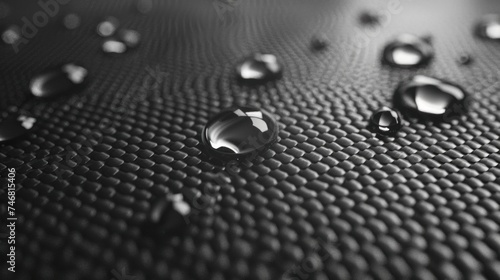 3D illustration of water droplets on a carbon fabric surface photo