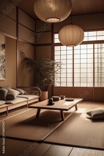 Traditional Japanese Living Room with Tatami Mats and Shoji Screens
