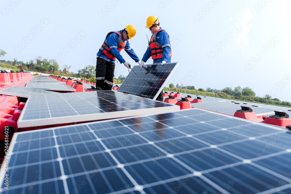 custom made wallpaper toronto digitalMale workers repair Floating solar panels on water lake. Engineers construct on site Floating solar panels at sun light. clean energy for future living. Industrial Renewable energy of green power.