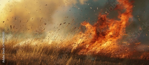 A wildfire is aggressively consuming a field filled with dry grass. The flames are intense and spreading rapidly, fueled by the wind. The scene depicts the destructive power of elemental forces in