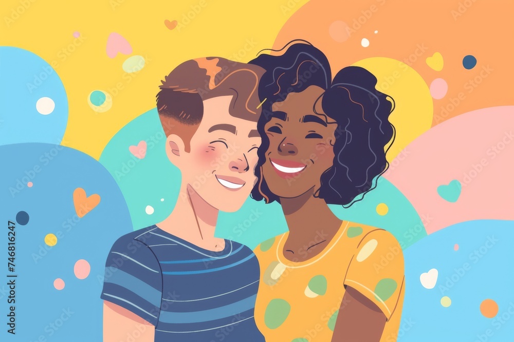 An illustration of a loving couple, glowing with happiness against a backdrop of warm, pastel hearts, encapsulates the beauty of diversity and affection. An illustration of a loving couple, glowing with happiness against a backdrop of warm, pastel hearts, encapsulates the beauty of diversity and affection.