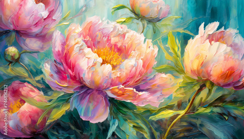 Beautiful digital illustration close up of bright colourful peonies flowers, oil painting floral bouquet photo