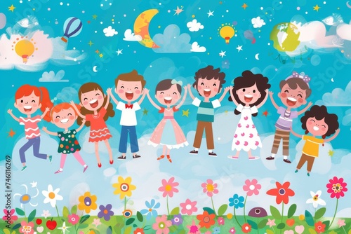 A vibrant illustration of joyful children dancing among whimsical clouds, hot air balloons, and a sea of flowers, evoking a sense of wonder and playfulness.
