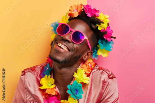 A man beams with a contagious laugh, adorned with a lei of rainbow flowers and playful pink sunglasses, epitomizing the exuberance of Pride festivities.