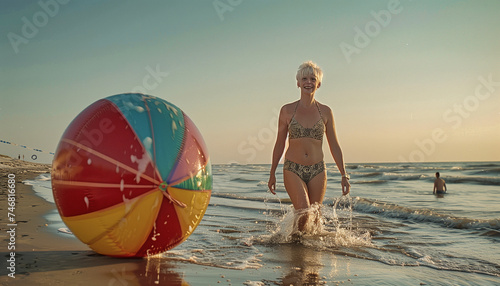 Eine Frau im mittleren Alter geht am Strand im Wasser und  freut sich über einen großen Wasserball.  KI generiert. photo