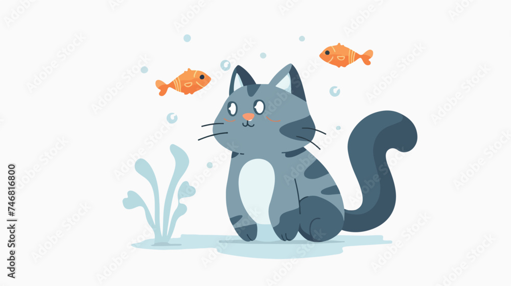 flat logo vector cute cat looking at fish cartoon 