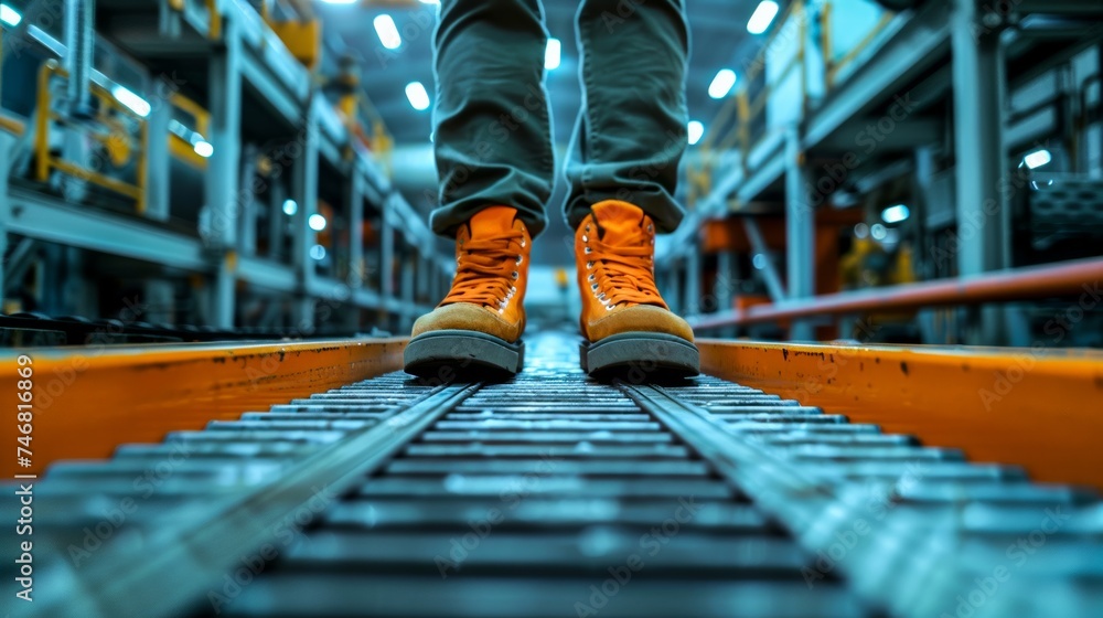 A person's legs stand on an indoor conveyor belt, clad in bright orange shoes and ready to take on the day