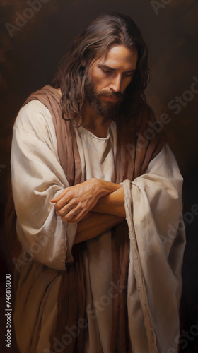 Reflective Gaze of Jesus: An Expressive Oil Painting Highlighting Spiritual Serenity
