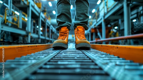 A person's legs stand on an indoor conveyor belt, clad in bright orange shoes and ready to take on the day
