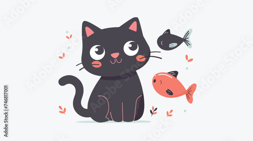 flat logo vector cute cat looking at fish cartoon  © Mishi