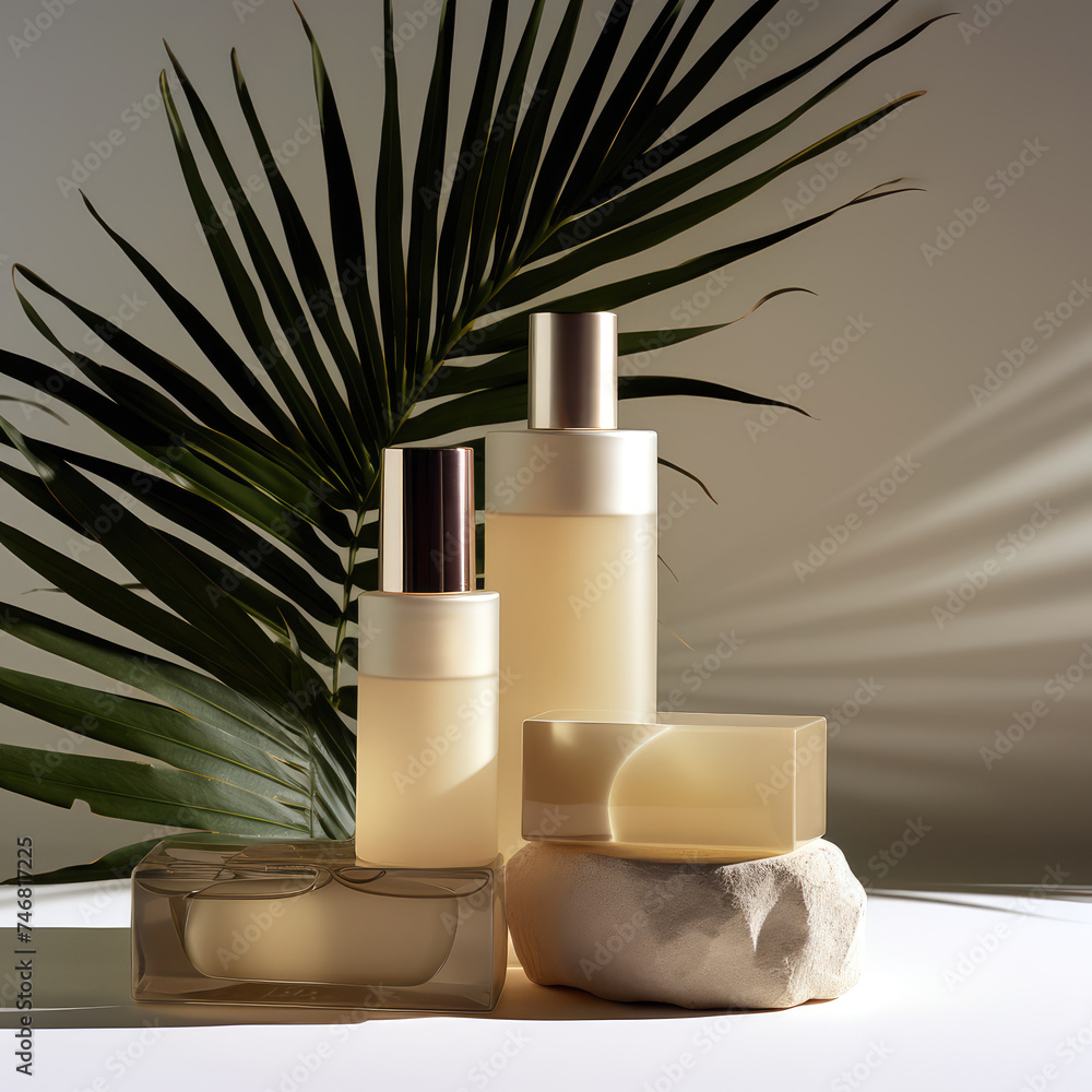 Cream colored perfume, liquid soap bottles on a green palm leaf and gray backgorund with sun light and shades. Concept of bathroom, hygiene, cleaning products, decoration, mock-up, cosmetics, spa Cream colored perfume, liquid soap bottles on a green palm leaf and gray backgorund with sun light and shades. Concept of bathroom, hygiene, cleaning products, decoration, mock-up, cosmetics, spa