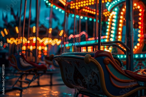 The bright lights of a carousel illuminate the night sky, creating a colorful and festive atmosphere for those enjoying the outdoor amusement ride at the playground © Radomir Jovanovic