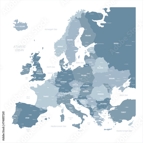 Political map of Europe. Blue colored vector map with capital and important cities of european countries and bodies of water around continent.