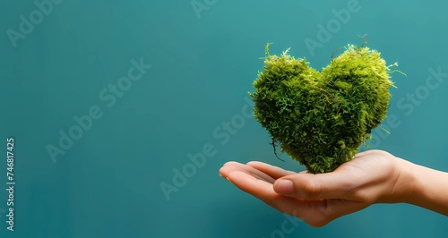 Banner with green grass heart in hands (palms). Heart on turquoise background. Concept of Earth protection, Earth Day, Ecology. Photorealism.