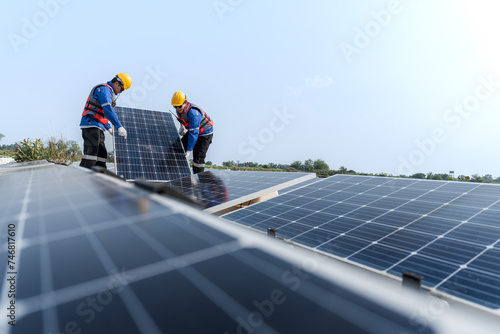 Male workers repair Floating solar panels on water lake. Engineers construct on site Floating solar panels at sun light. clean energy for future living. Industrial Renewable energy of green power.
