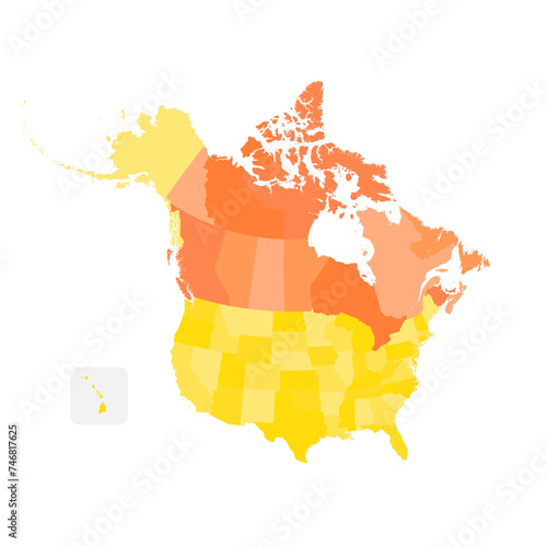 Political map of Canada and United States of America with administrative divisions. Colorful map with countries and states name labels. Vector illustration