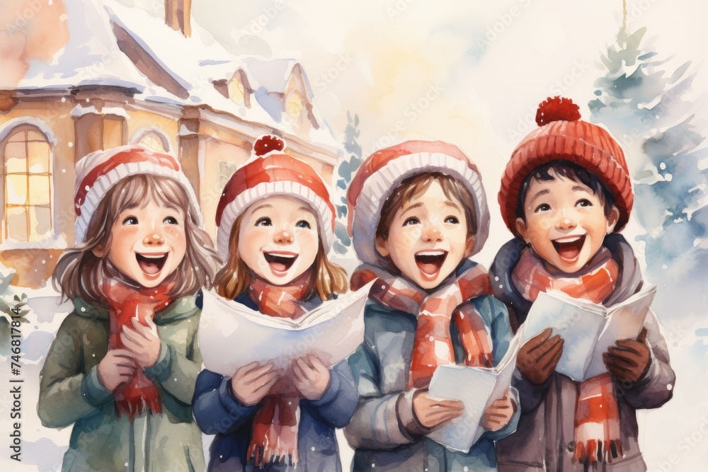 A group of children joyfully singing Christmas carols in the midst of a snow-covered neighborhood, showcasing the festive spirit and unity among the young participants A group of children joyfully singing Christmas carols in the midst of a snow-covered neighborhood, showcasing the festive spirit and unity among the young participants