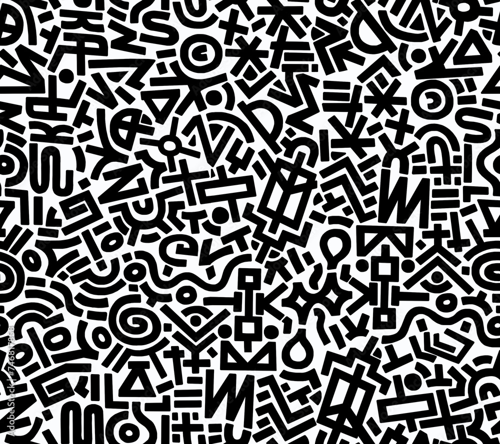 A black and white abstract hand-drawn drawing in the style of hieroglyphs.Seamless pattern. A black and white abstract hand-drawn drawing in the style of hieroglyphs.Seamless pattern.