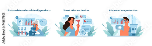 Skincare innovation triptych. Eco-conscious products, smart devices.