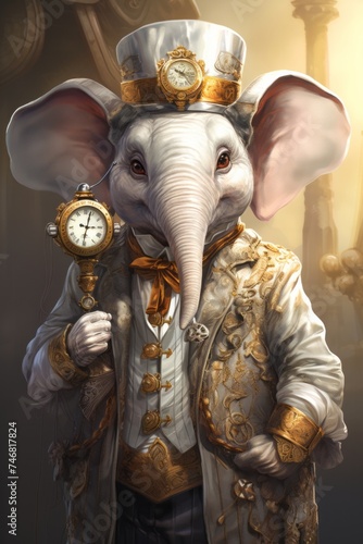 A sophisticated elephant wearing a top hat  holding a clock in one hand  and a cane in the other