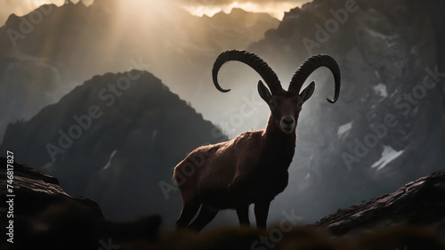 Alpine ibex alone surrounded by out of focus mountains.