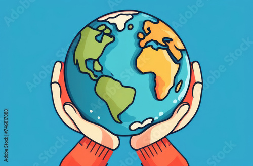  Illustration of hands holding a world globe. illustration in cartoon style.
