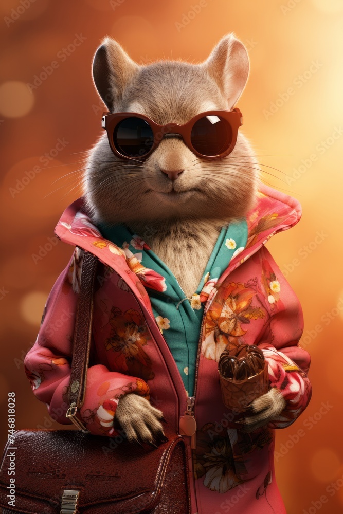 A raccoon dressed in a vibrant red jacket accessorized with trendy sunglasses. The raccoon exudes style and attitude as it confidently roams its surroundings