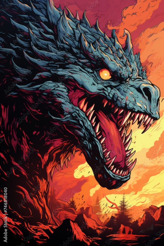 A menacing dragon with its mouth wide open, roaring fiercely in front of a vibrant sunset. The dragons scales shimmer in the golden light as it unleashes its power A menacing dragon with its mouth wide open, roaring fiercely in front of a vibrant sunset. The dragons scales shimmer in the golden light as it unleashes its power