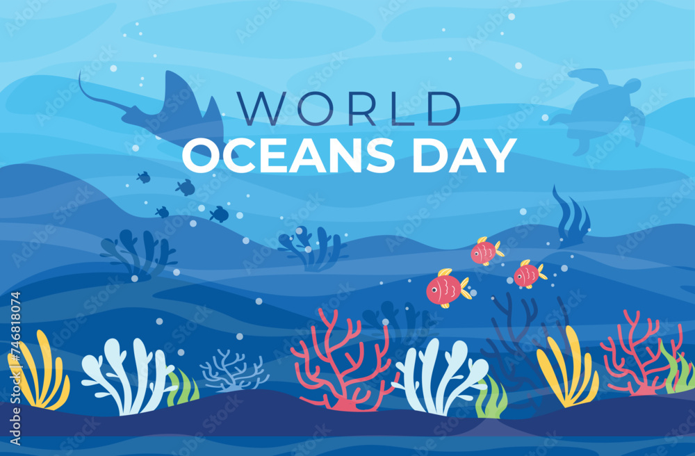 World Oceans day background. Vector illustration of a beautiful blue sea background with waves, bubbles, fish, different colored algae, corals, sea turtle, stingray, World oceans day inscription. World Oceans day background. Vector illustration of a beautiful blue sea background with waves, bubbles, fish, different colored algae, corals, sea turtle, stingray, World oceans day inscription.