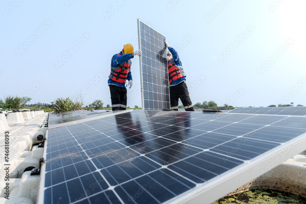 custom made wallpaper toronto digitalMale workers repair Floating solar panels on water lake. Engineers construct on site Floating solar panels at sun light. clean energy for future living. Industrial Renewable energy of green power.