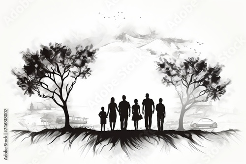 A family reunion with generations coming together to stand under a lush green tree. People of different ages are gathered under the tree, chatting and enjoying each others company photo