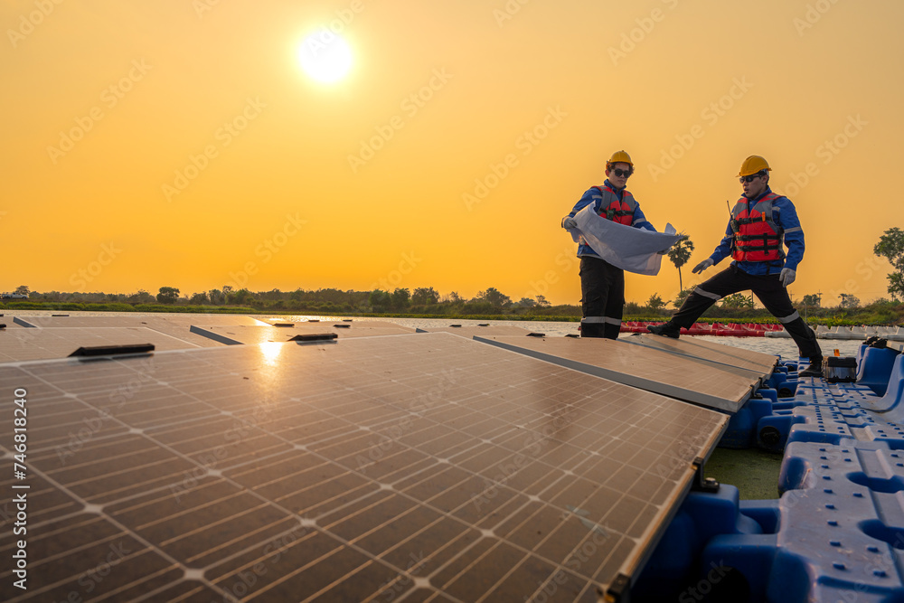 Fototapeta premium Male workers repair Floating solar panels on water lake. Engineers construct on site Floating solar panels at sun light. clean energy for future living. Industrial Renewable energy of green power.