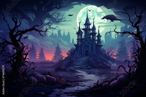 A dark, eerie castle stands amidst the dense trees of a forest, creating a scene of mystery and intrigue with its haunting appearance
