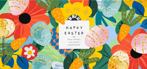 Happy Easter! Vector cute naive simple gouache illustrations of Easter eggs, carrot, abstract pattern, flowers, plants for greeting card, invitation, banner or background