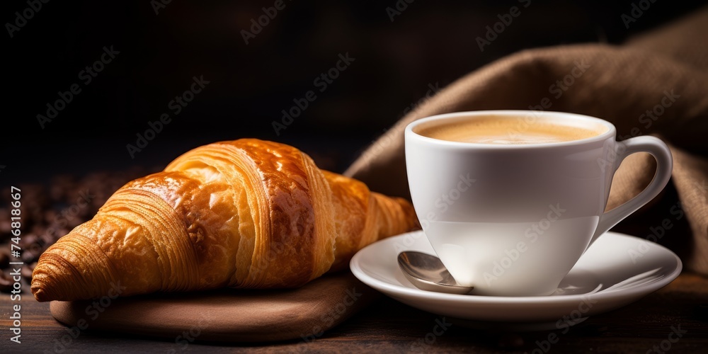 Coffee cup and croissant on wooden table. Selective focus Coffee cup and croissant on wooden table. Selective focus
