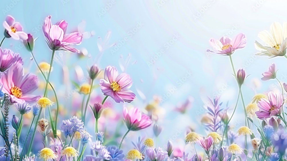 Vivid spring flower meadow under blue sky with blurred background for text, nature landscape Vivid spring flower meadow under blue sky with blurred background for text, nature landscape
