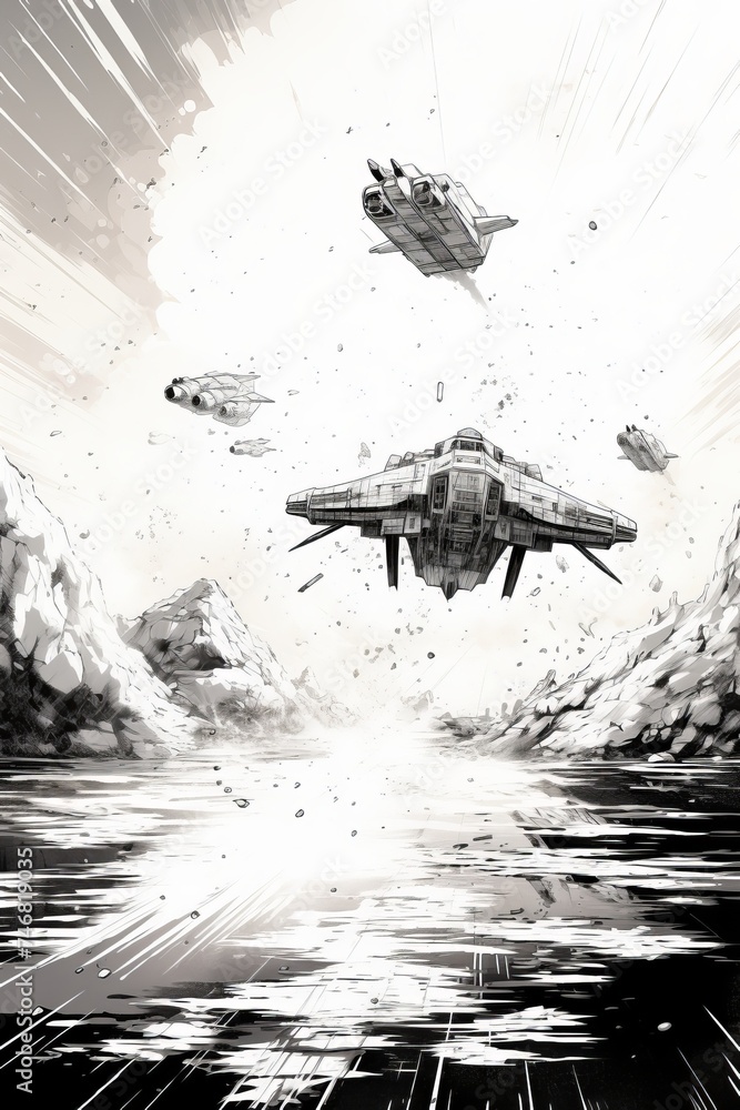 In this black and white image, a space battle unfolds between rival ...