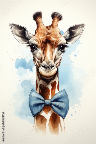 A sophisticated giraffe wearing a blue bow tie with white polka dots. The tall animal stands gracefully with its long neck elegantly adorned
