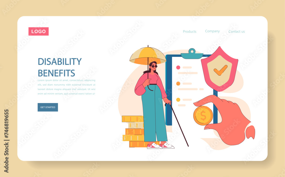 Confident woman with a cane stands under an umbrella, showcasing disability benefits. Flat vector illustration. Confident woman with a cane stands under an umbrella, showcasing disability benefits. Flat vector illustration.