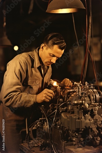 A man, identified as VetalVit, is diligently testing the ignition system of a vehicle in a dimly lit garage. Tools are scattered around him as he focuses on the intricate components of the engine