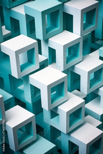 A group of identical white cubes arranged in a pattern against a vibrant blue background. The cubes are clean, simple, and orderly, creating a visually striking contrast against the blue backdrop